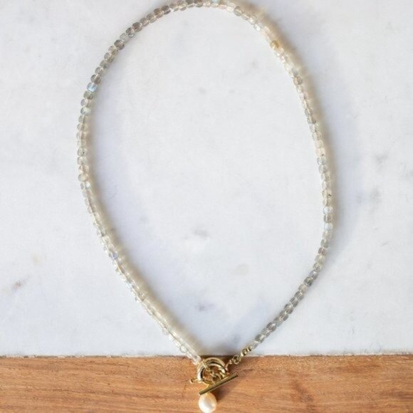 Labradorite Gemstone Necklace Gold Toggle Clasp Removable Pearl Healing Crystal - Picture 14 of 14
